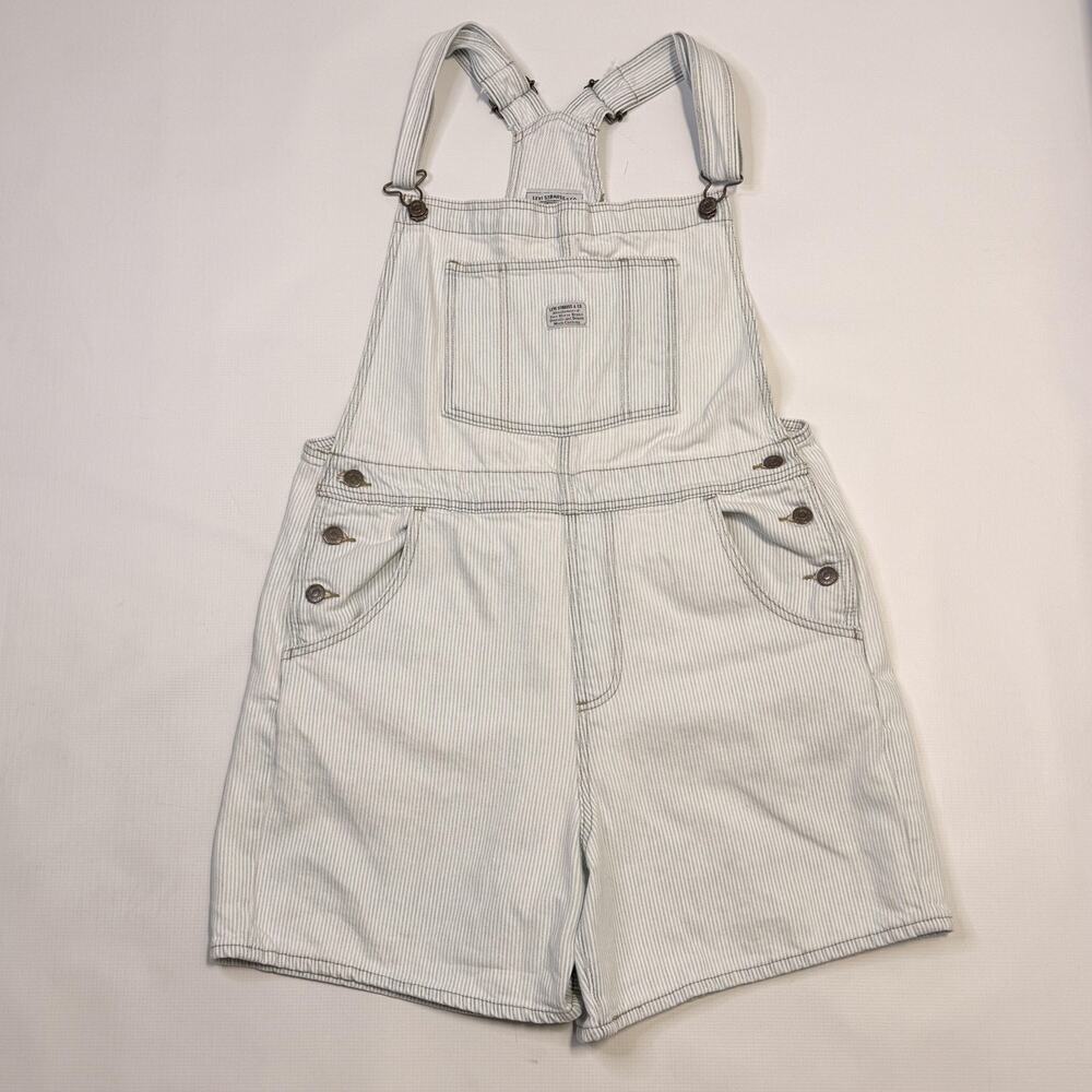 Levi's Overall Shorts Womens Large Blue Striped Denim Adjustable Straps Pockets - Picture 2 of 15